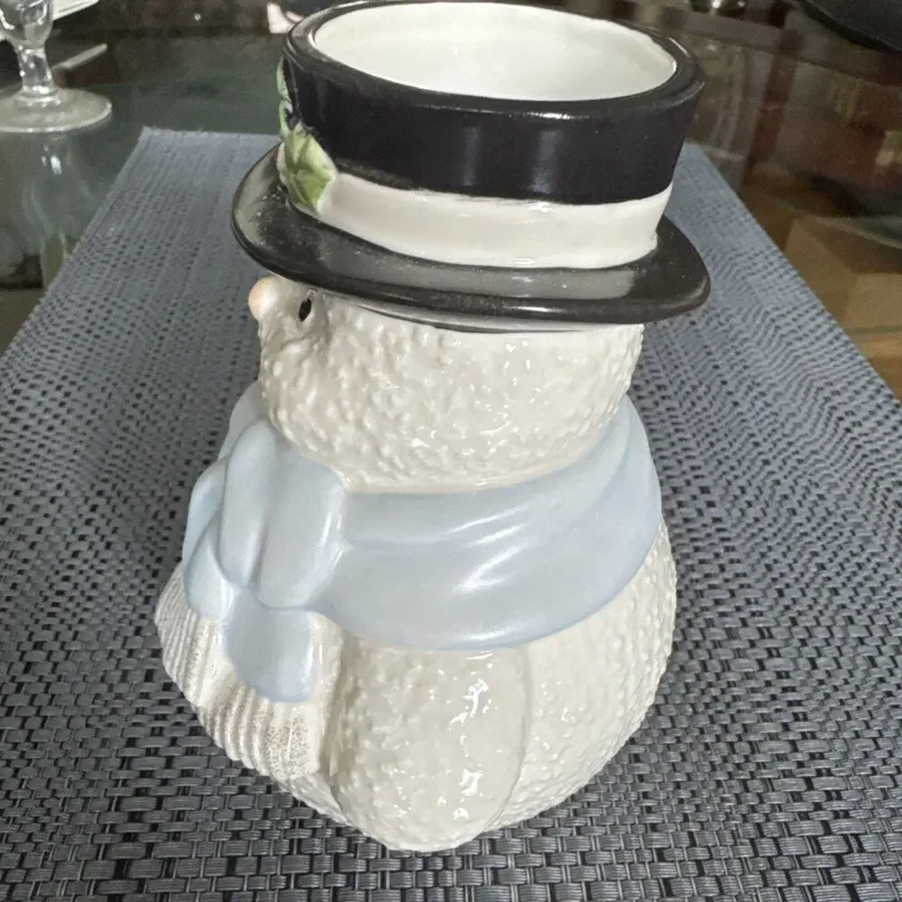 Lenox Snowman Vase Holly Berry Black Top Hat Blue Scarf Gold Accents 6 In